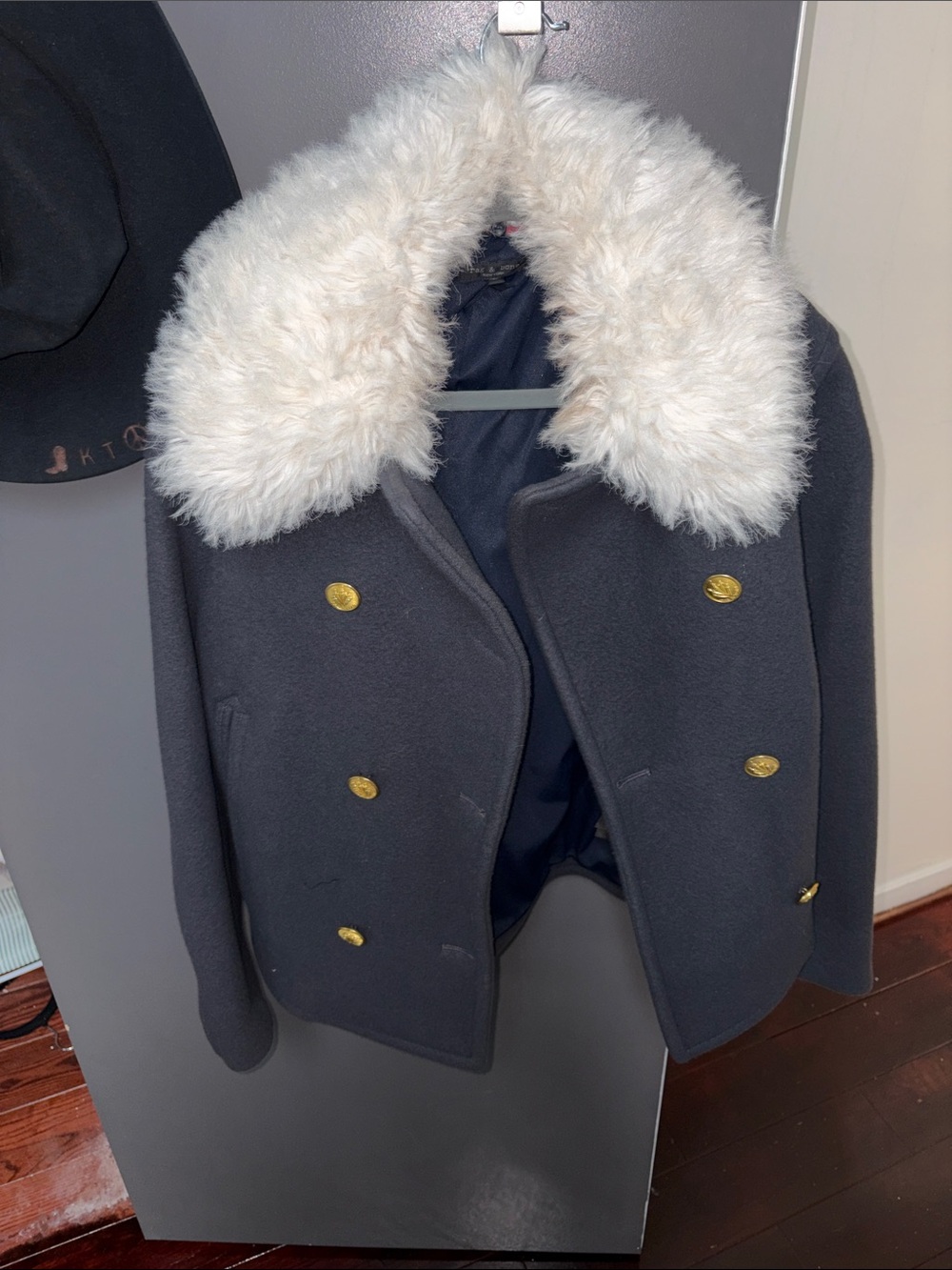 rag & bone Black Pea Coat with Cream Faux Fur Collar